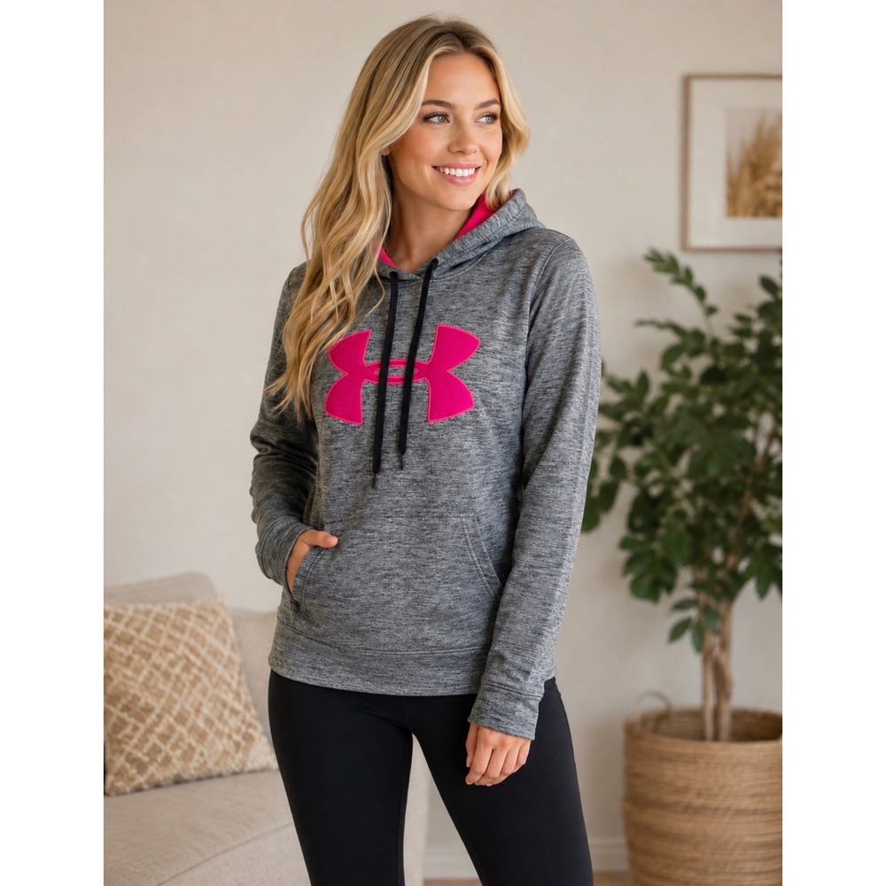 Under Armour Gray Hoodie Pink Logo Sweatshirt‎ Women's Size Small